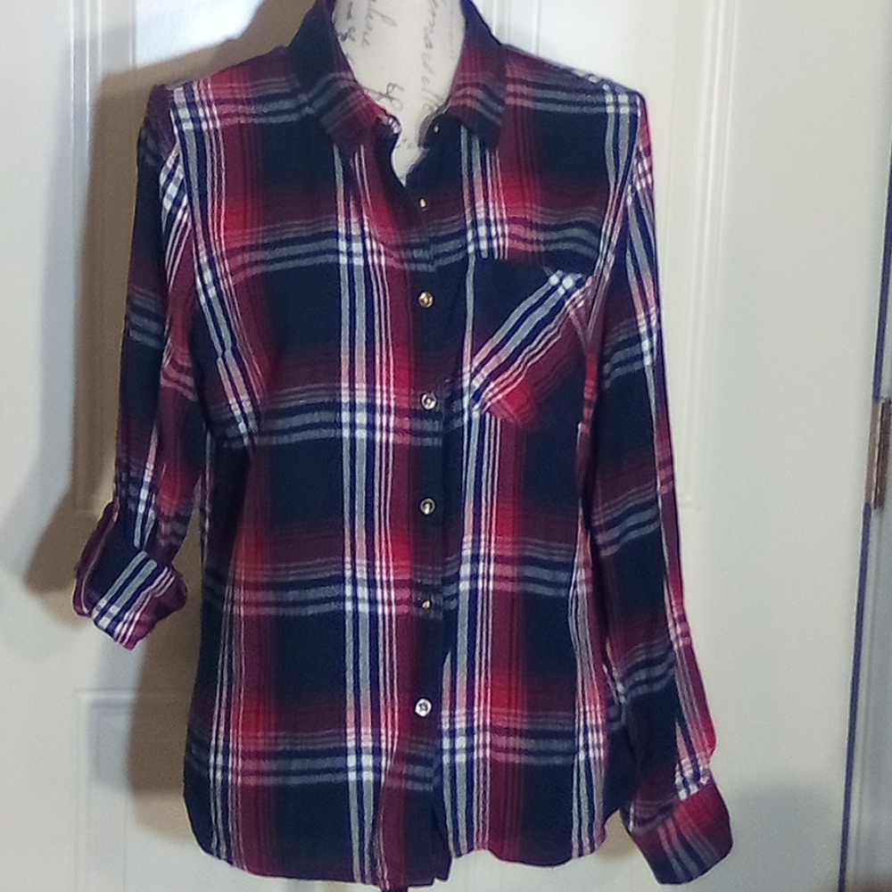 Rustic Outfitters Blouse Junior Girl's Size 1X Button Up Blue & Red